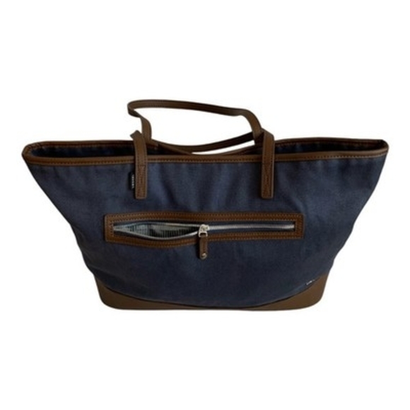 VESSEL Brown Blue Denim Canvas Leather Tote Bag Weekend Shoulder Zip Very Good - Picture 6 of 12